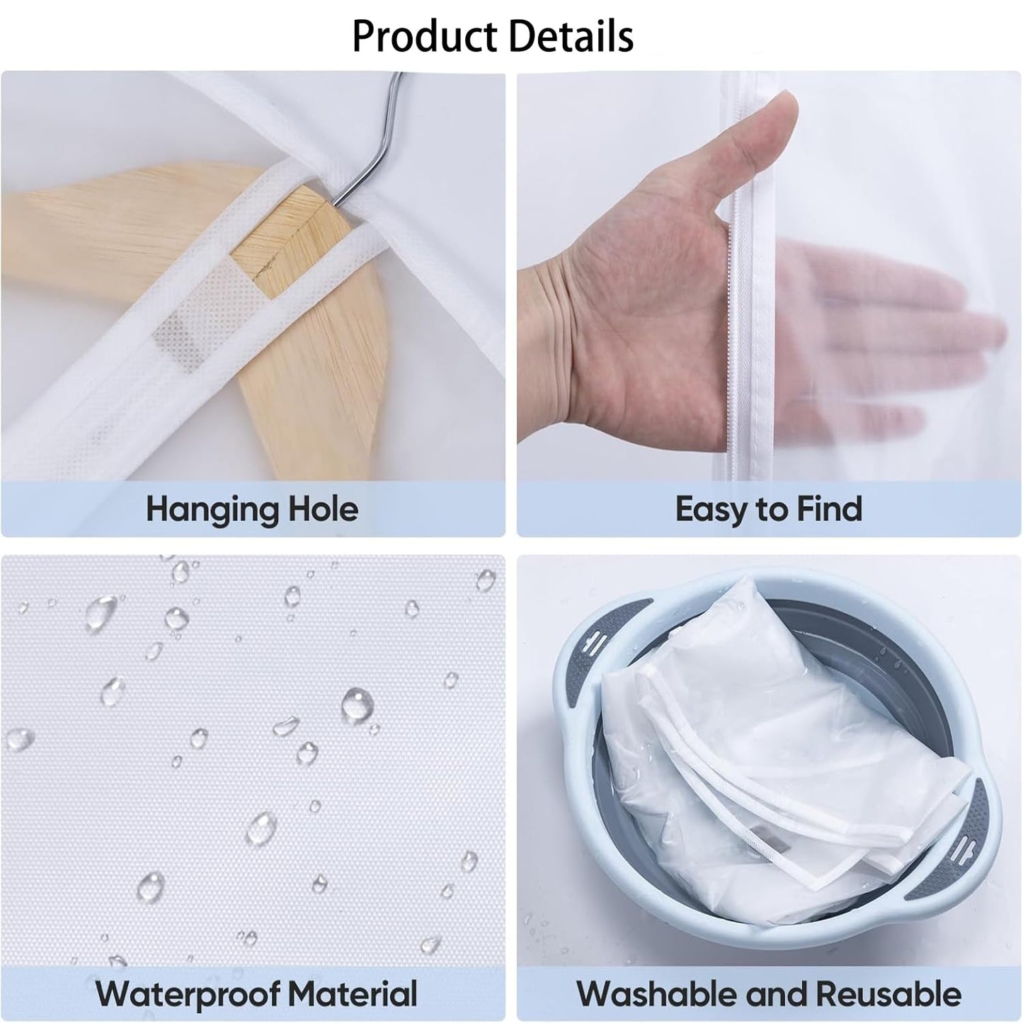 Garment Bags, pack of 5, 60 cm x 140 cm, translucent PEVA Dress bags with zippers, durable Clothes Covers, Reusable Garment Bags for Suits, Dresses
