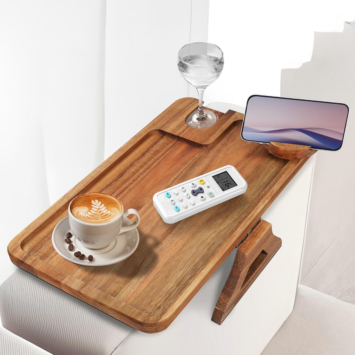 comfoyar Sofa Arm Tray, Foldable Acacia Wood Clip On Sofa Armrest Table
