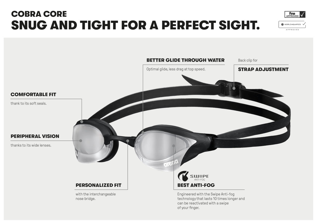 arena Cobra Core Swipe Mirror Unisex Adult Racing Swimming Goggles, Swimming Pool Goggles with Curved Mirror Lenses, Anti-Fog, UV Protection, 5