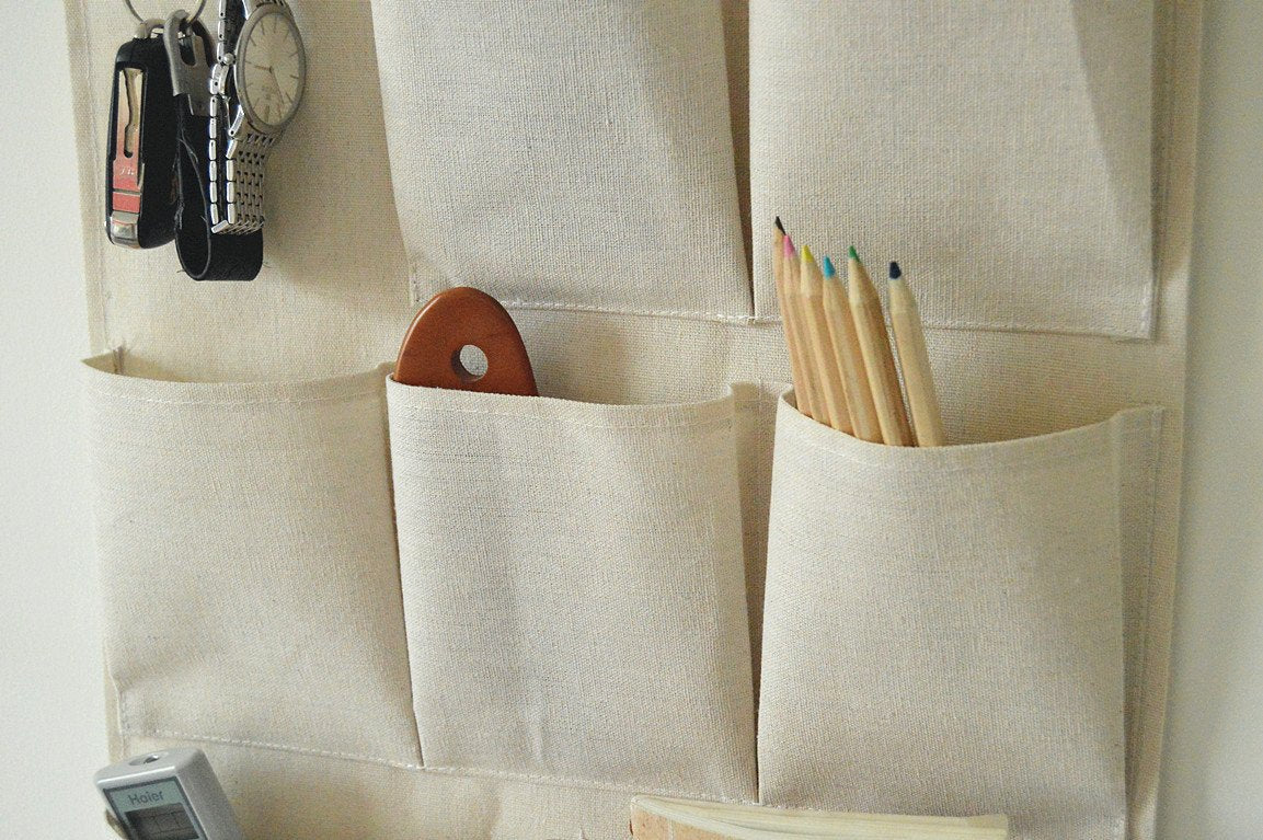 CaLeQi Linen/Cotton Fabric Wall Door Closet Hanging Storage Bag Case (Beige 7 Pockets, 35x54cm)