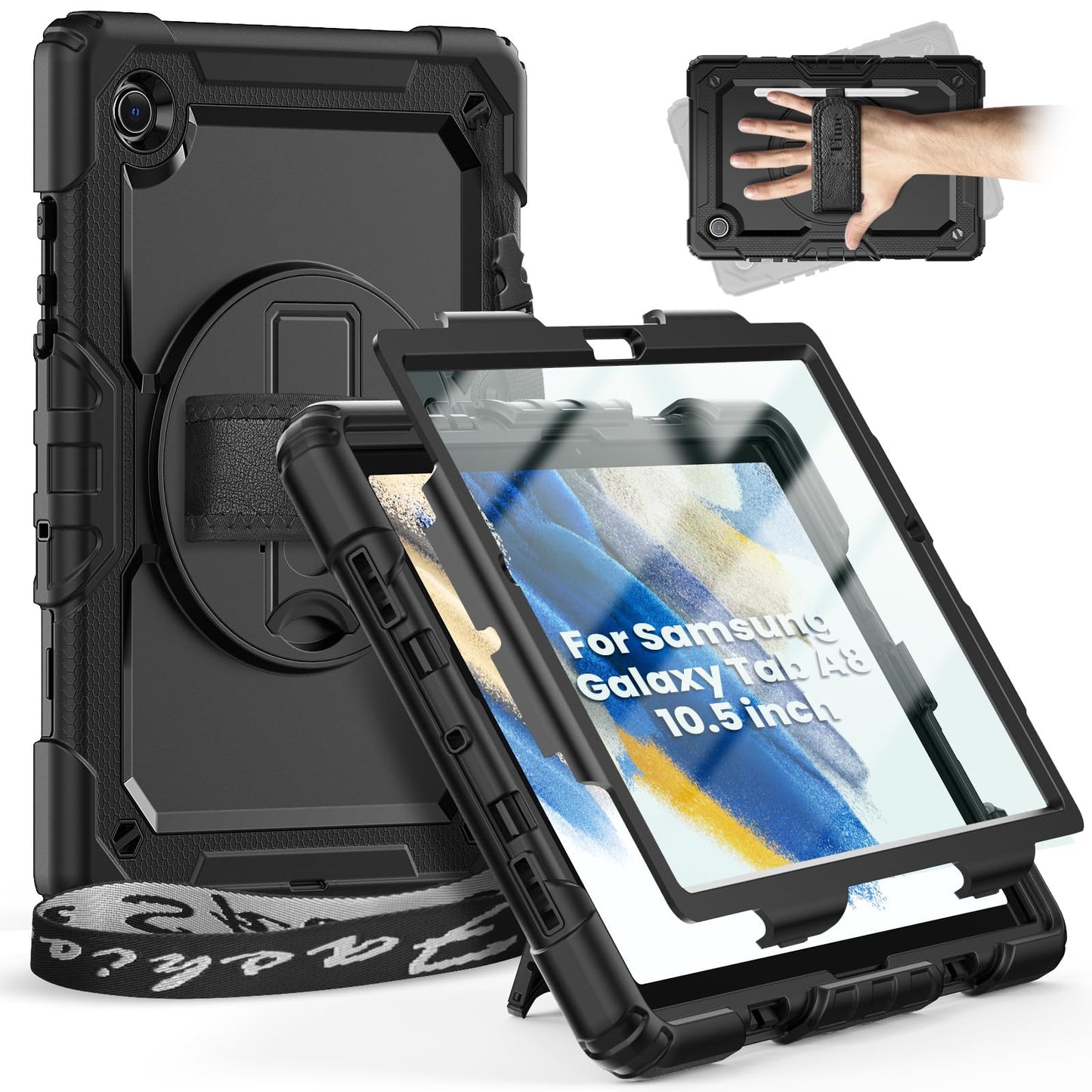 Timecity for Samsung Galaxy Tab A8 Case 10.5 Inch(SM-X200/SM-X205), Heavy Duty Shockproof Cover with Screen Protector, 360 Rotating Stand, Hand Strap,