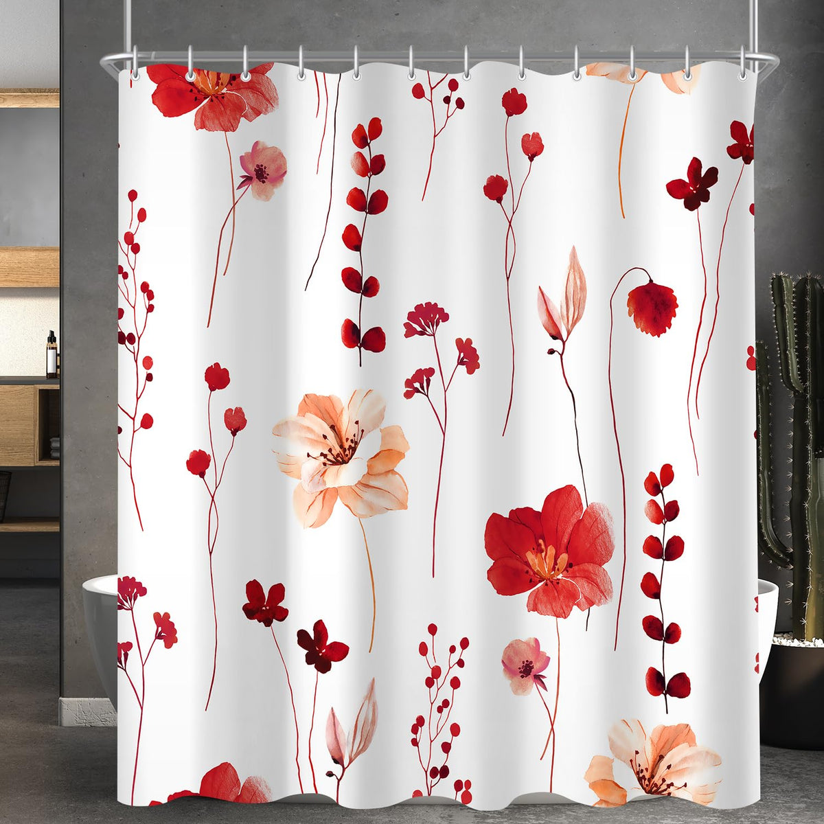 Lerores Shower Curtain, 180 x 160 cm, Red Motif, Weighted Hem, Anti-Mould, Water-Repellent, Washable Polyester Bath Curtains with 12 Eyelets and