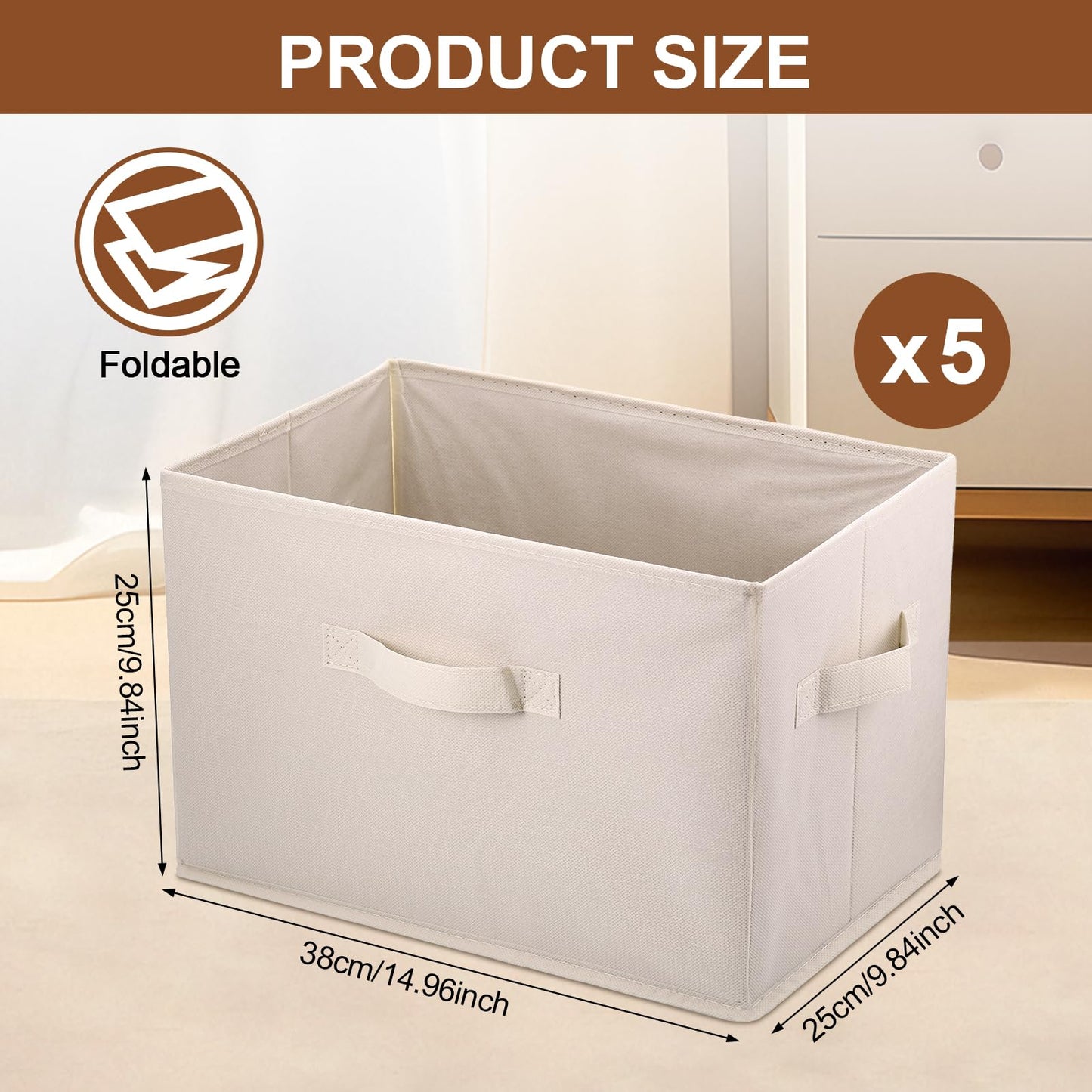 5 Pcs Fabric Storage Boxes, 38×25×25cm Foldable Wardrobe Storage Organiser