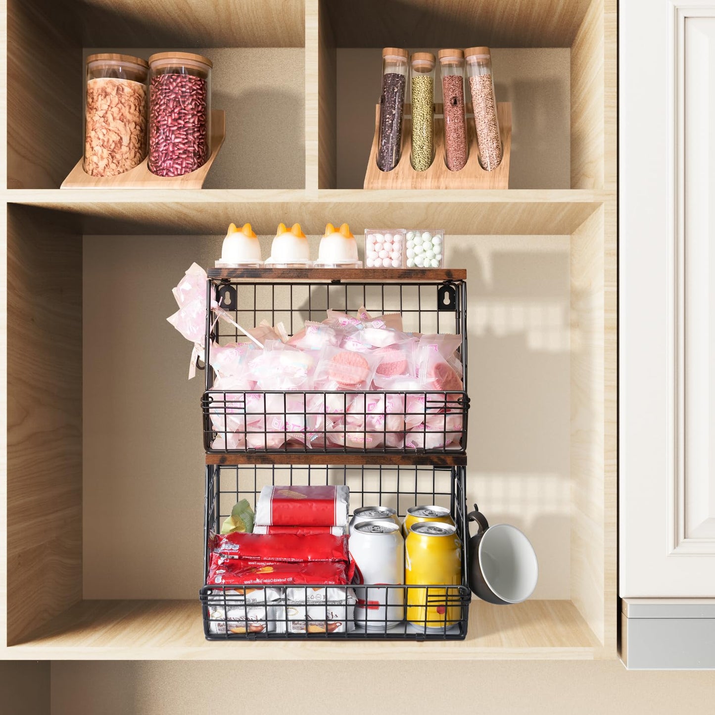 Mefirt Fruit Bowl, Fruit Baskets for Kitchens, Hanging Rack with Banana Hanger can as Kitchen Storage, Vegetable Rack Wall & Stackable Storage Baskets