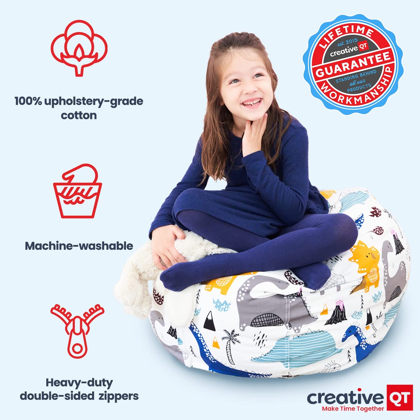 Creative QT Stuff ’n Sit Extra Large 38’’ Bean Bag Storage Cover for Stuffed Animals & Toys – Gray Dandelion Print – Toddler & Kids’ Rooms Organizer