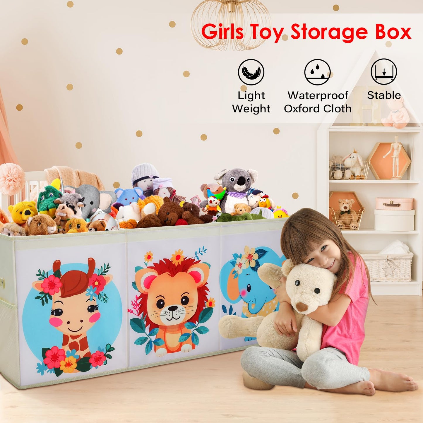Decalsweet Extra Large Kids Toy Storage Box with Lid,Foldable Oxford Toy Storage Organizer Box with Mesh Pockets for Children-96?32?40cm-Toy Chest