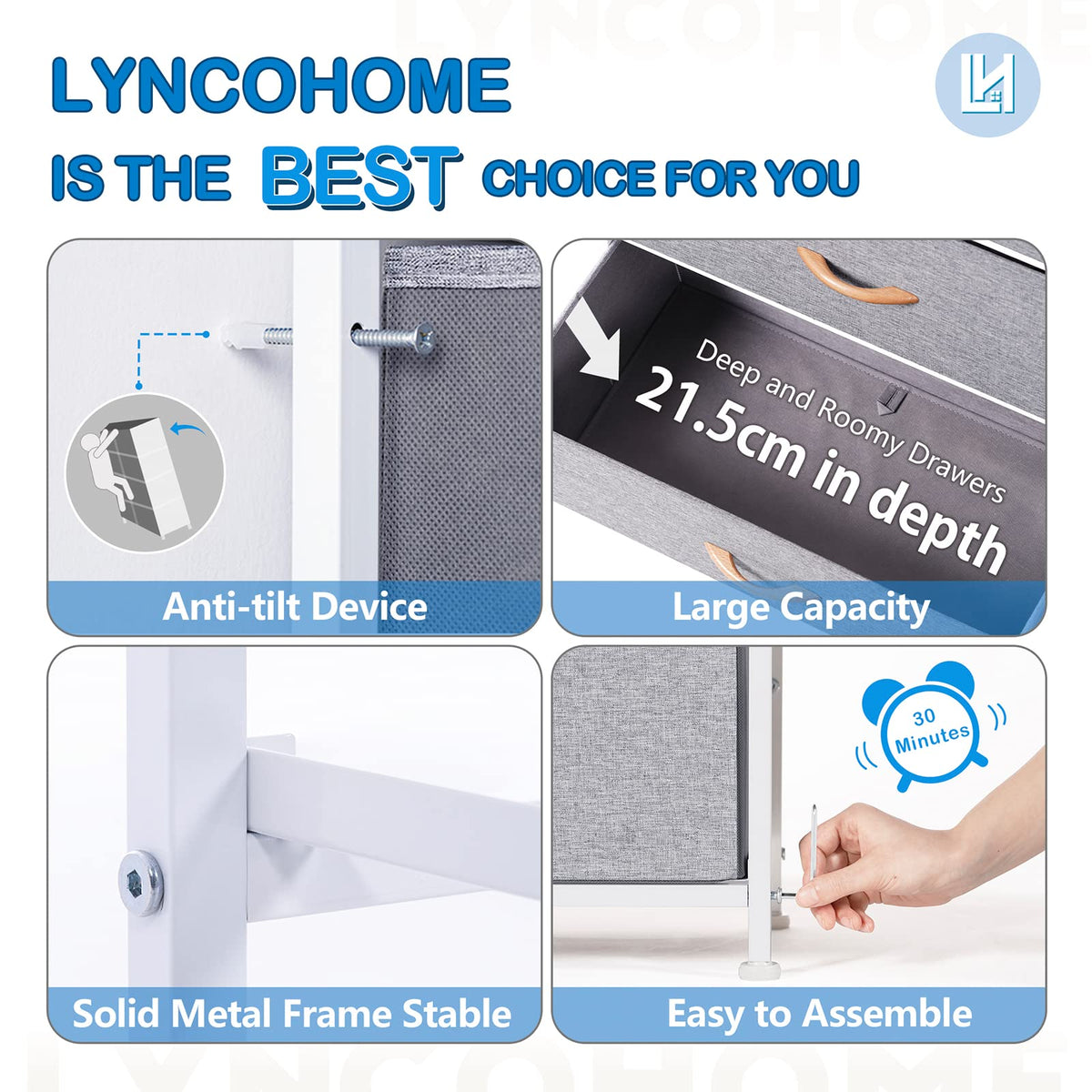 LYNCOHOME Chest of Drawer Bedroom, 9 Drawers Dresser with Deep and Large Drawers, Fabric Storage Drawers Easy to Assemble, for Bedroom, Kids room,