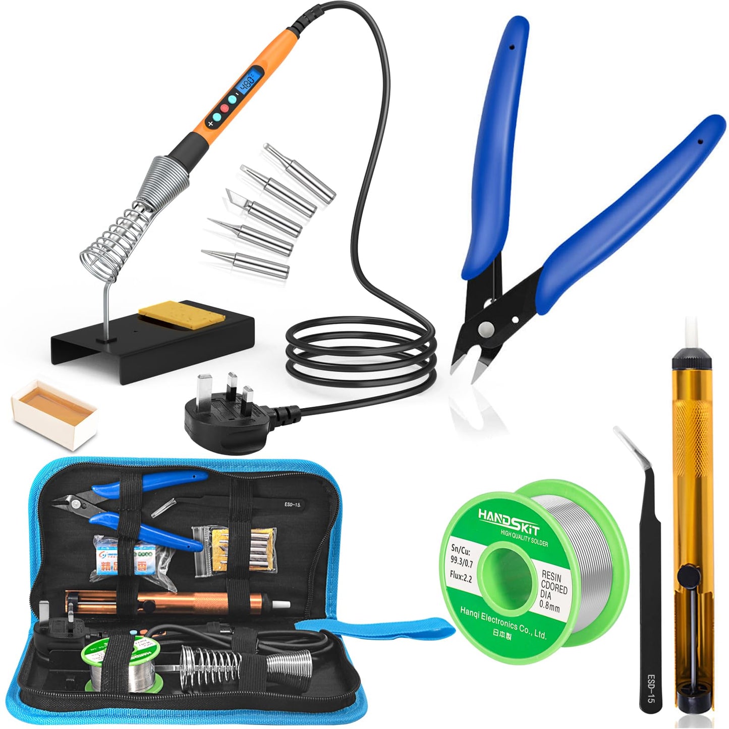 HANDSKIT Soldering Iron Kit with Solder, 90W Adjustable Temperature Soldering Kit with LCD, 5 Soldering Tips, Desoldering Pump, Solder Wire, Soldering