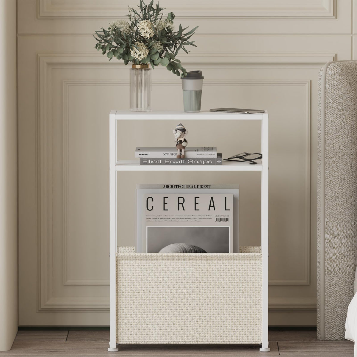 JERX Narrow Side Table with Fabric Basket, End Table for Small Spaces, Slim Side Table with Magazine Rack for Living Room Office Bedroom and Bathroom