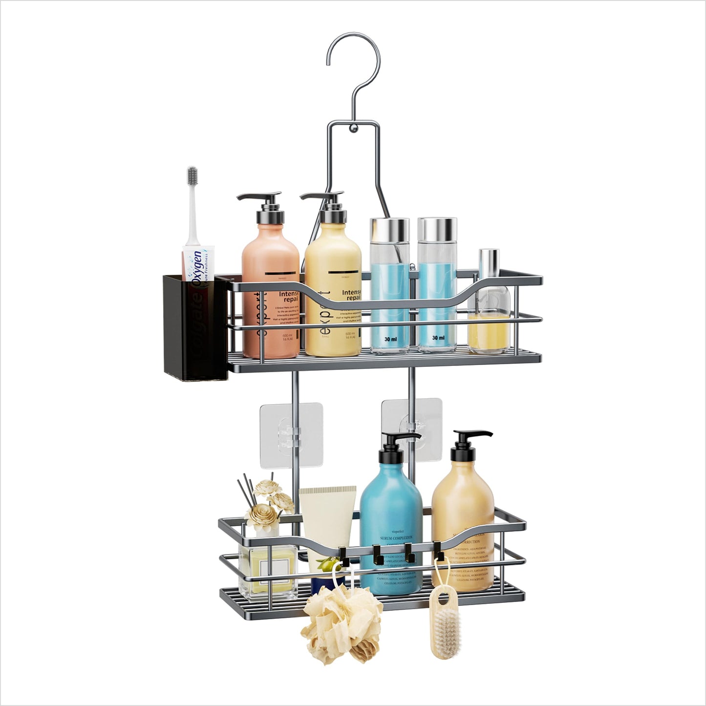 HapiRm Shower Caddy Hanging Organiser - 2 Tier Shower Organiser with 360? Rotatable Top Hook and 4 Hooks, Silver Rustproof Bathroom Caddy for Shampoo,