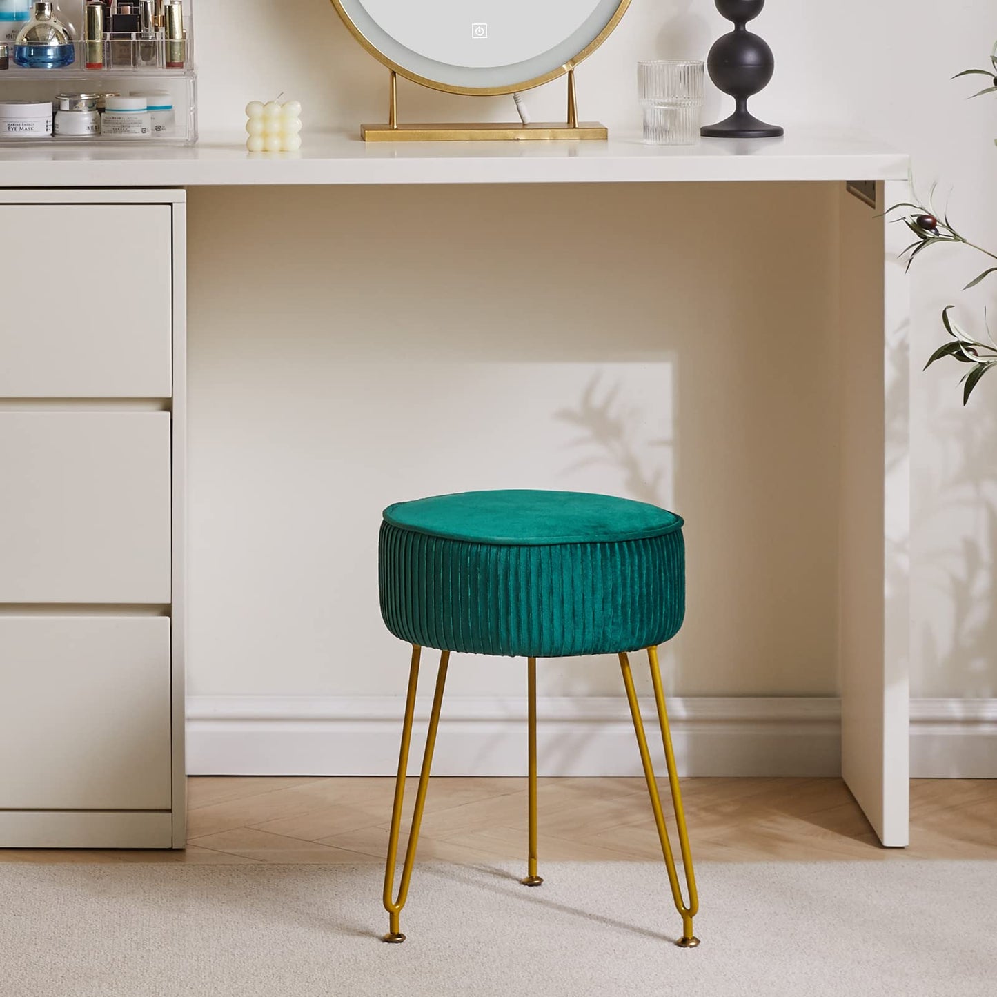 IBUYKE Makeup Vanity Stool, Velvet Round Footrest Ottoman, Green L/G-30L