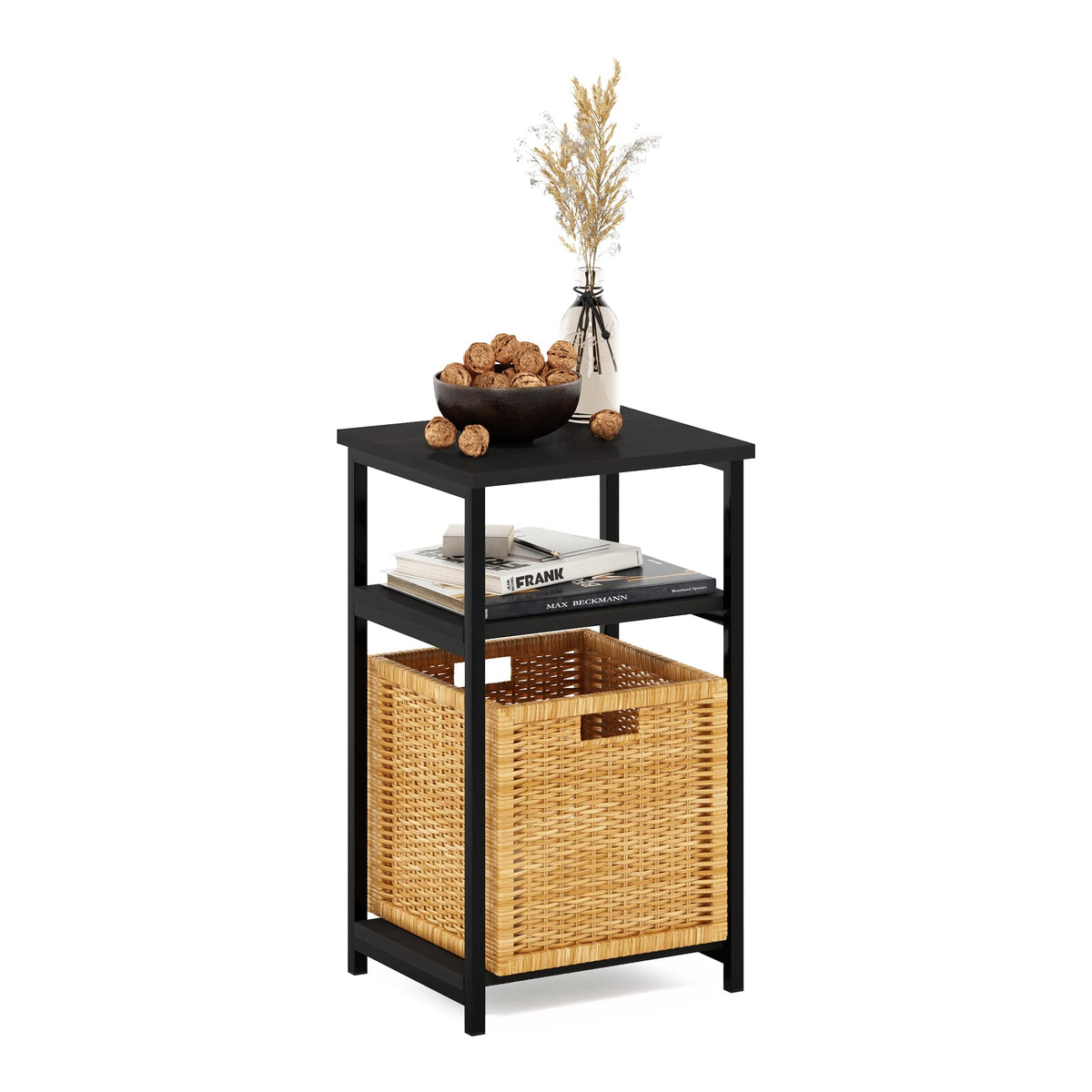 Furinno JUST Side Table, 3-Tier Metal Frame End Table with Open Shelf, Night Stand, Bedside Table, for Living Room, Bedroom, Espresso