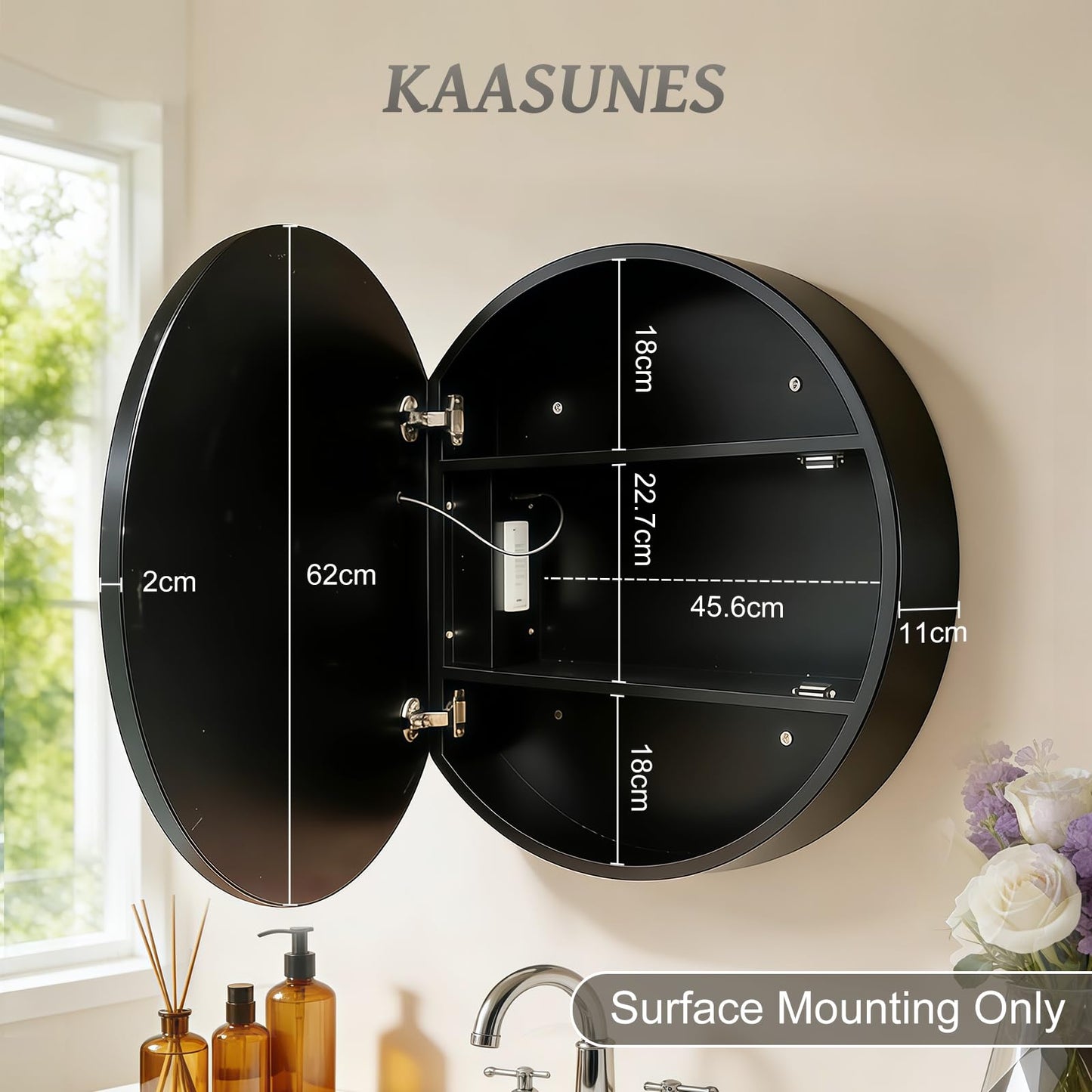 KAASUNES Round Mirror Cabinet with Light,Aluminum Framed,3 Colors Temperature&Dimmer,USB Shaver Socket,Defogger,61cm,black
