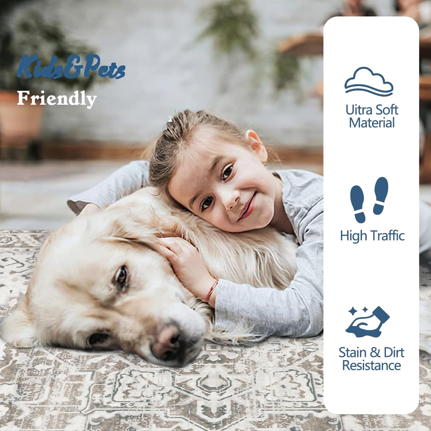 Famibay Rugs Living Room Large 160X230 Machine Washable Soft Short Pile Area Rugs Vintage Traditional Bedroom Carpet Non Slip Non Shedding for Home