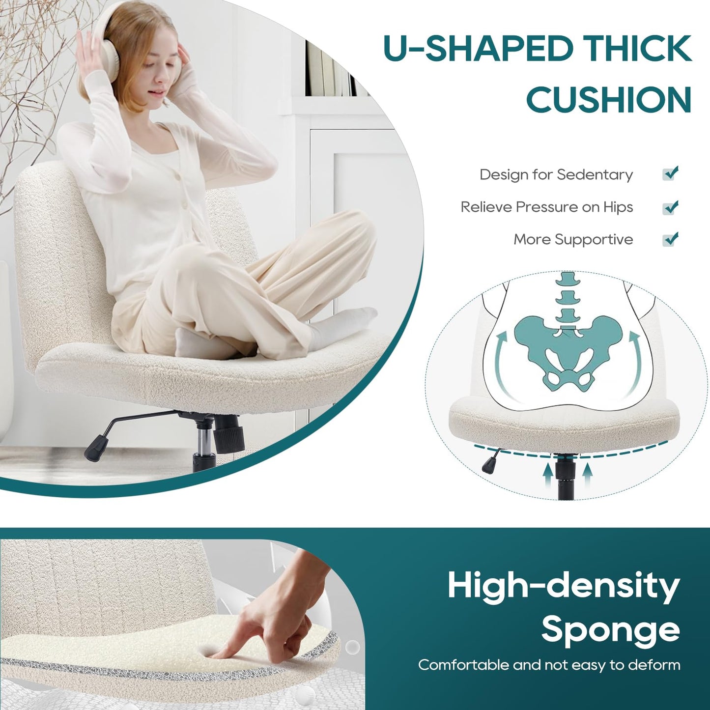 COLAMY Wide Office Chair, Padded Armless Task Vanity Chair Swivel Home Office 115°Rocking Mid Back Ergonomic Computer Chair for Home Working, Make Up