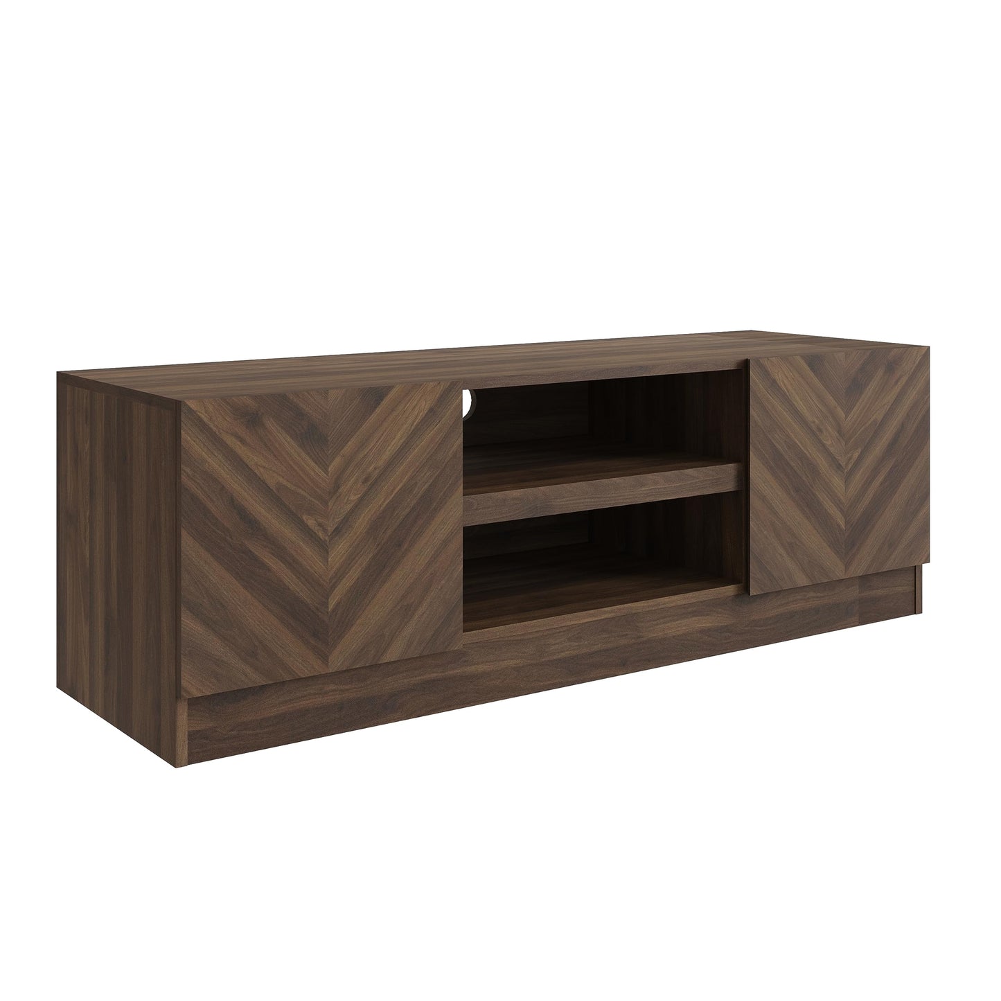 GFW Catania 2 Door TV Unit, Royal Walnut TV Cabinet with Herringbone Wood Grain Finish, Modern Entertainment Unit with Open Storage