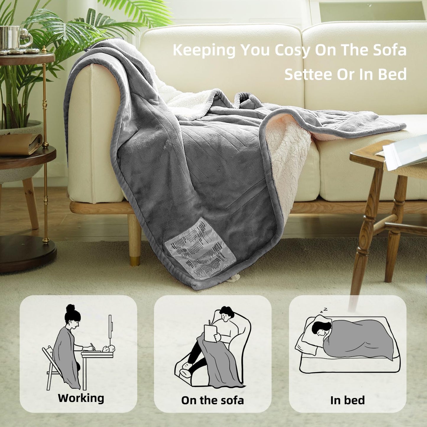 GOTCOZY Heated Blanket Electric Throw 130x160cm -Soft Silky Plush Heated Blanket with 6 Heat Settings & 10 Hours Auto-Off Timer For Home Office Use