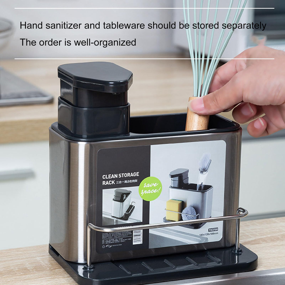 Irishom 3-in-1 Kitchen Soap Dispenser with Stainless Steel Sink Caddy, Dishwashing Liquid Dispenser and Sponge & Brush Holder Organizer with Drain