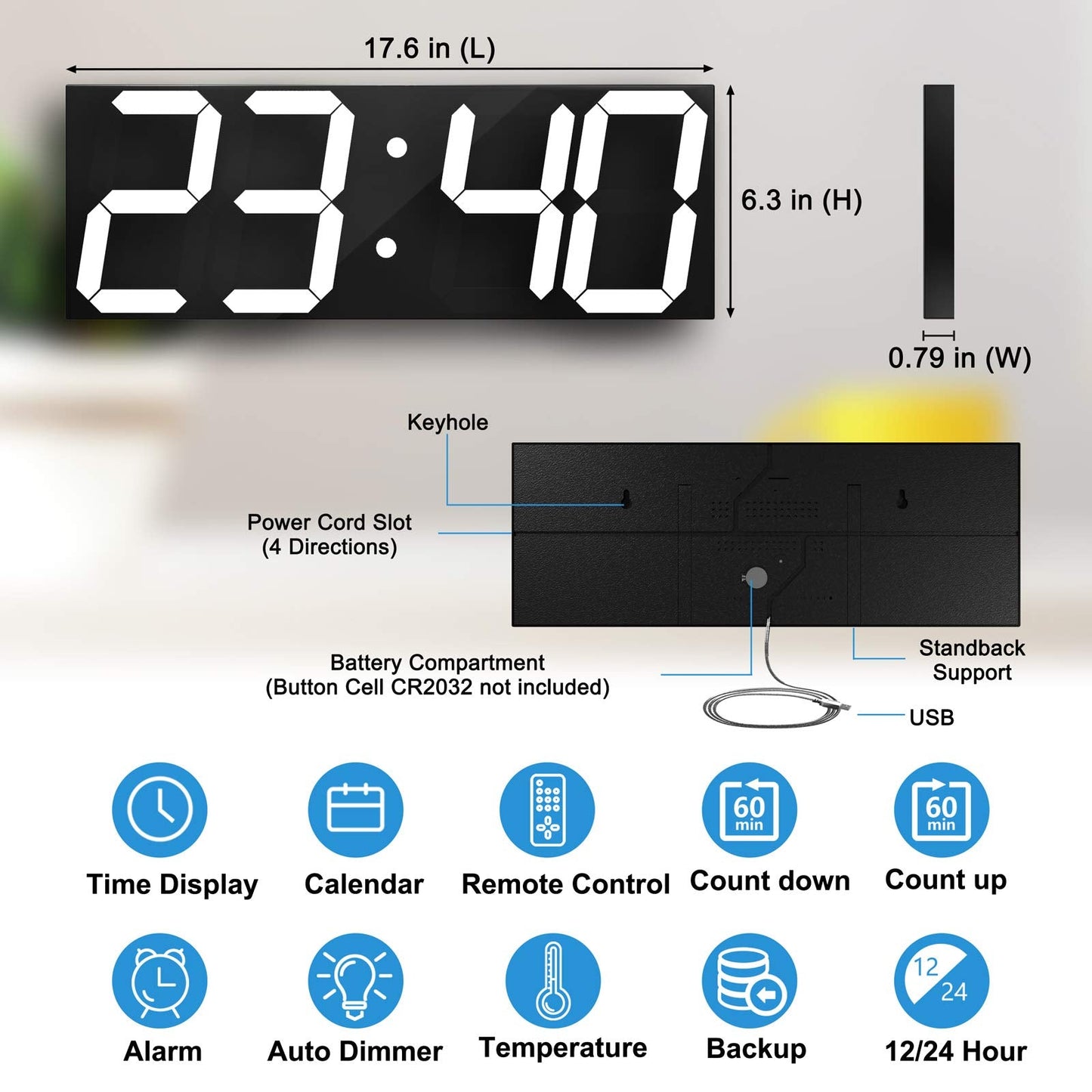 CHKOSDA Digital Wall Clock, Large Wall Clock with 6" Number, Led Wall Clock with Countdown Timer, Calendar, Thermometer, 12/24H, Adjustable