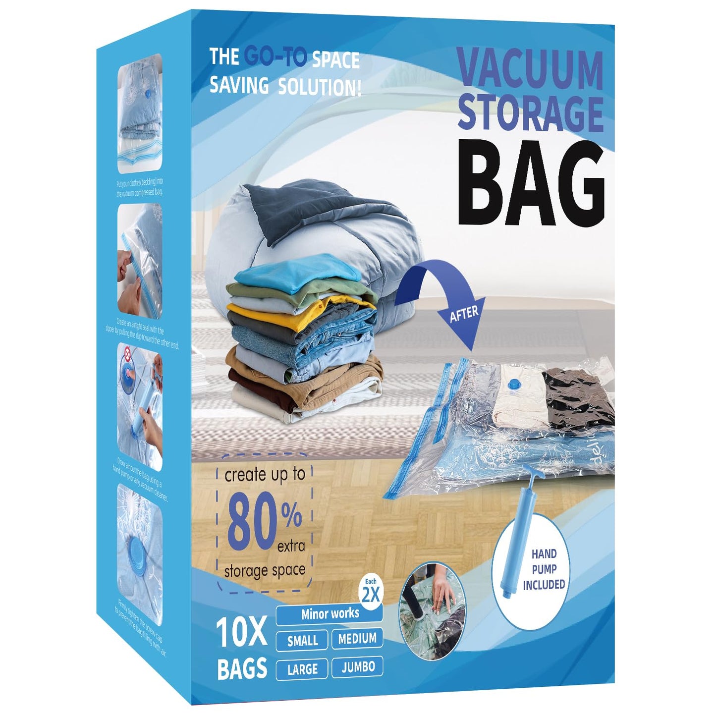 10 Pack Vacuum Storage Bags, Space Saver Bags with Hand Pump for Clothing, Organization, and Storage of Comforters, Pillows, Towels, Blankets