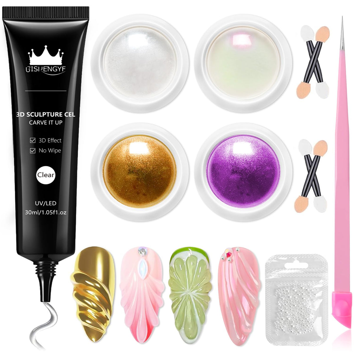 BISHENGYF No Wipe 3d nail gel: 30g Multifunctional 3d gel for nails and 4Pcs Pink Pearl Chrome Nail Powder,Metallic Gold Chrome Nail Powder,5D Molding