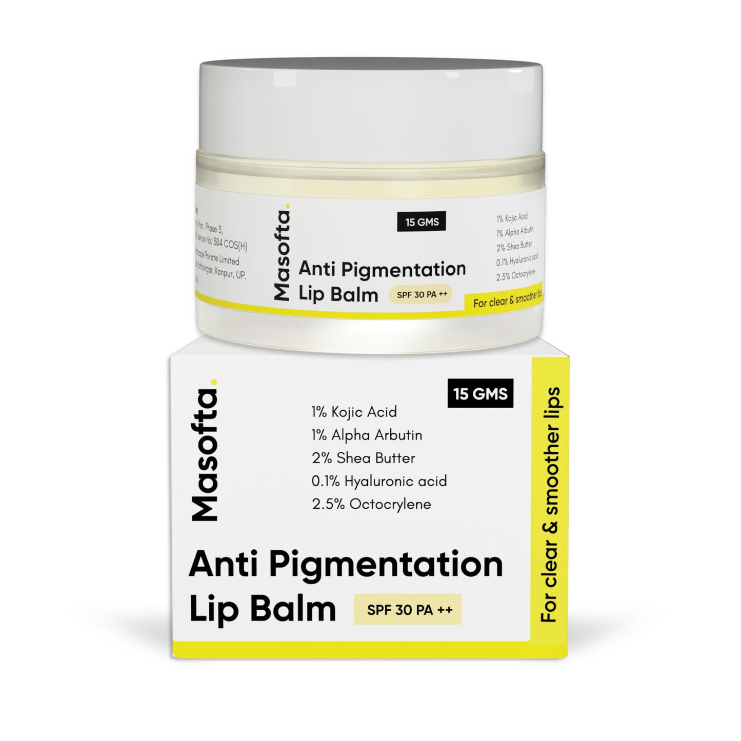 Masofta Anti Pigmentation Lip Balm With Kojic Acid,Alpha Arbutin & Shea Butter For Smooth,Crack Free & Clear Lips,Spf 30 Pa++,For Men & Women,All