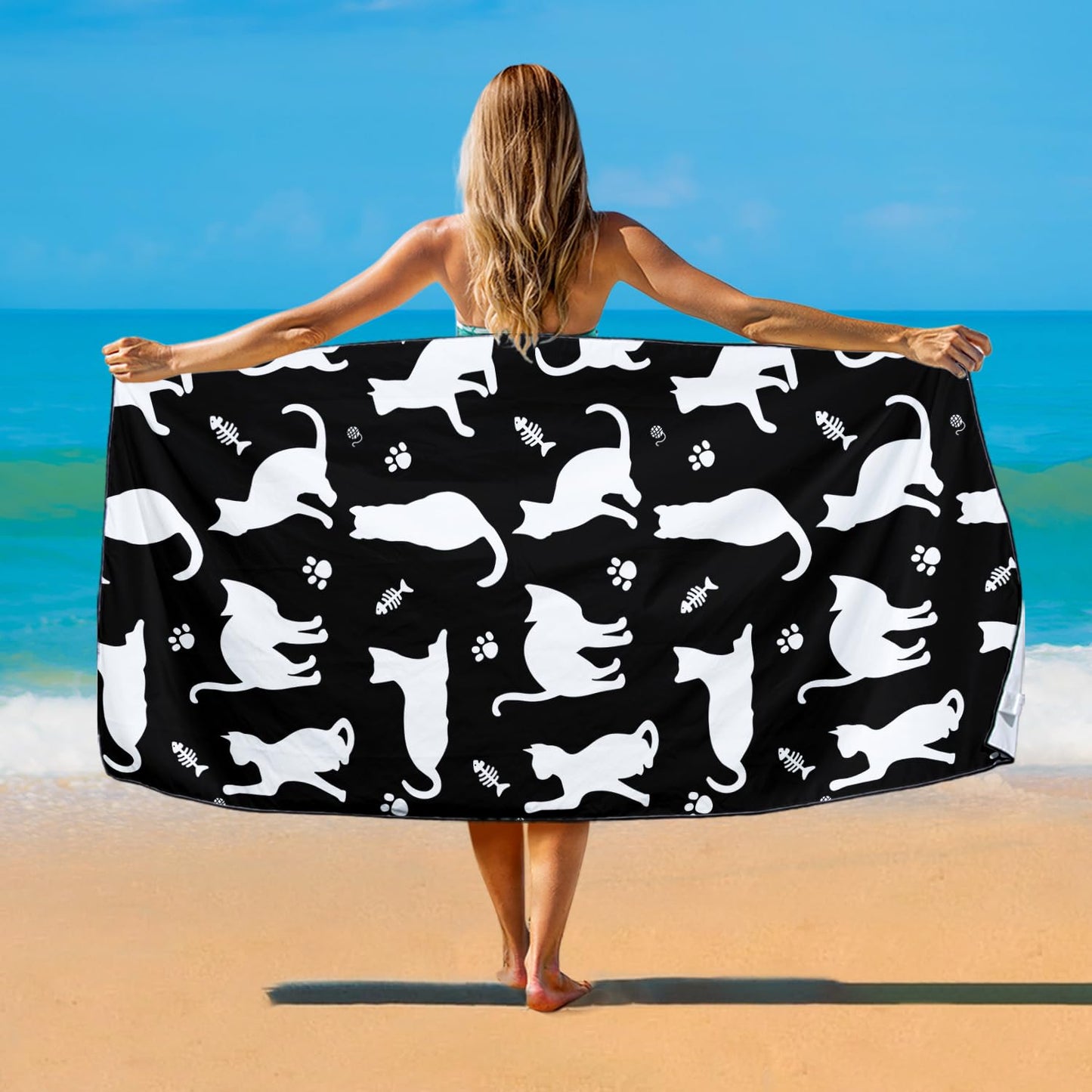Violetpos Black White Cat Silhouette Beach Towel, Extra Large 180x90 cm 250GSM Microfibre, Sand Free Quick Dry