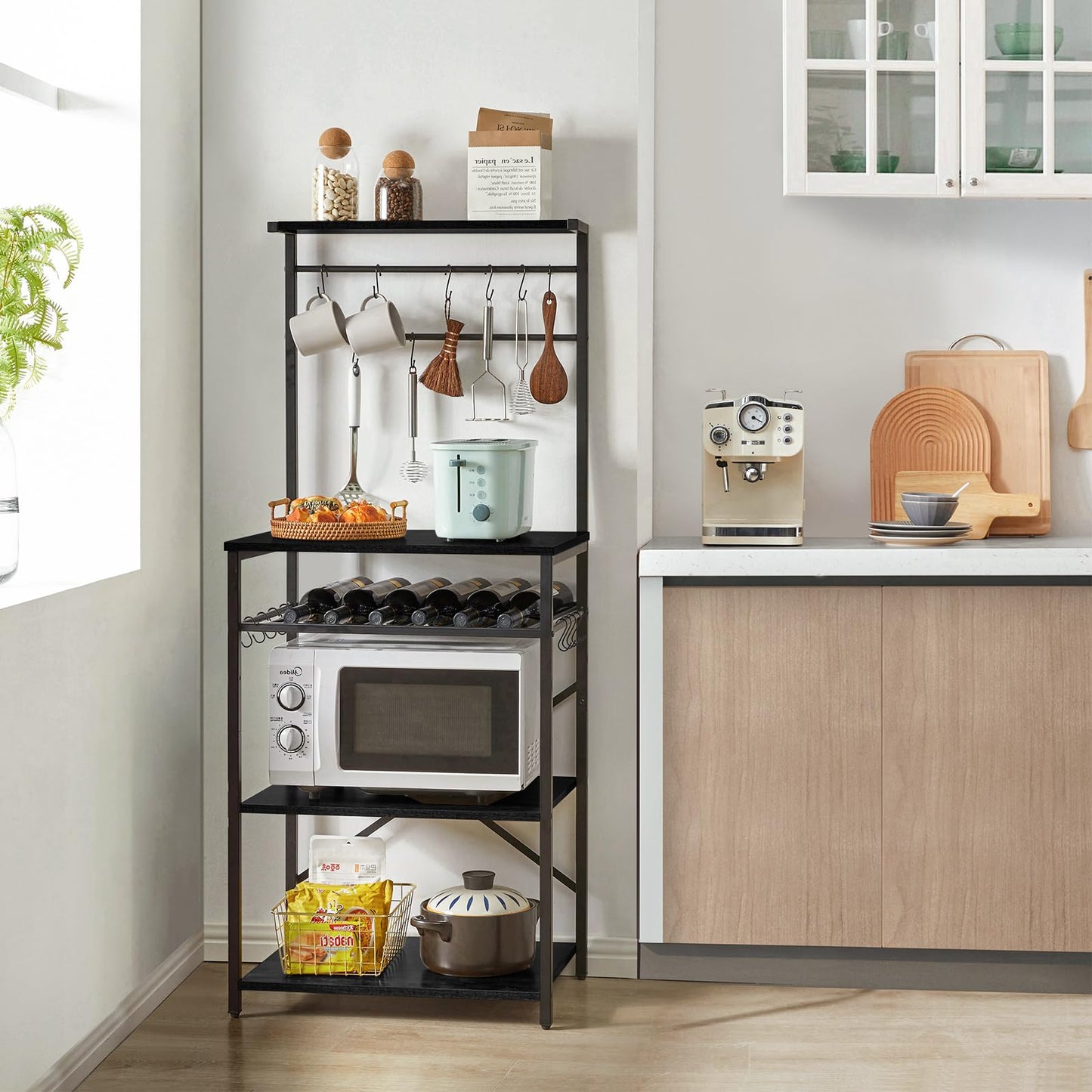 YMYNY Kitchen Baker's Rack, Microwave Oven Stand with Storage Shelves, Industrial Coffee Bar Station, with Adjustable Wine Holders and S-Hooks, Metal