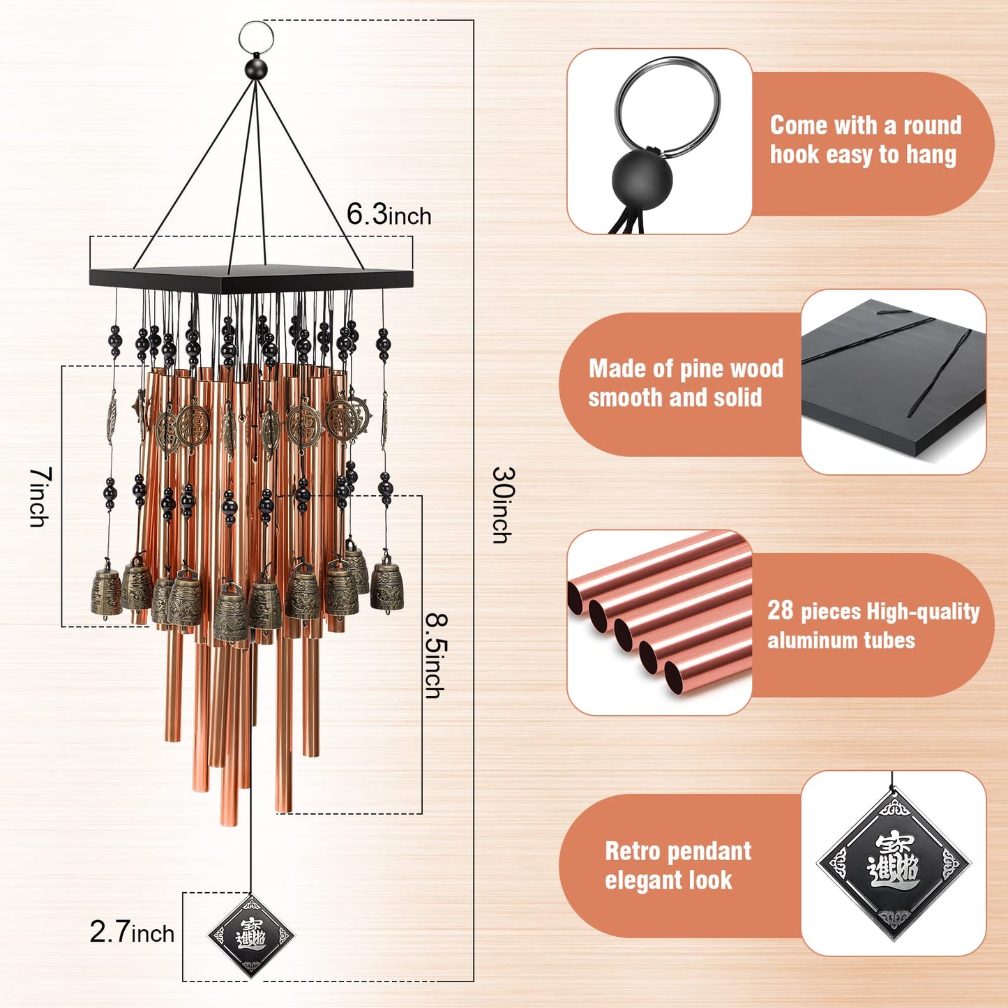 YLYYCC Wind Chimes for Outside,30"Memorial Wind Chimes with 28 pieces Tubes and 16 Copper Bell for Garden, Patio,Window Hanging Decoration, Bronze