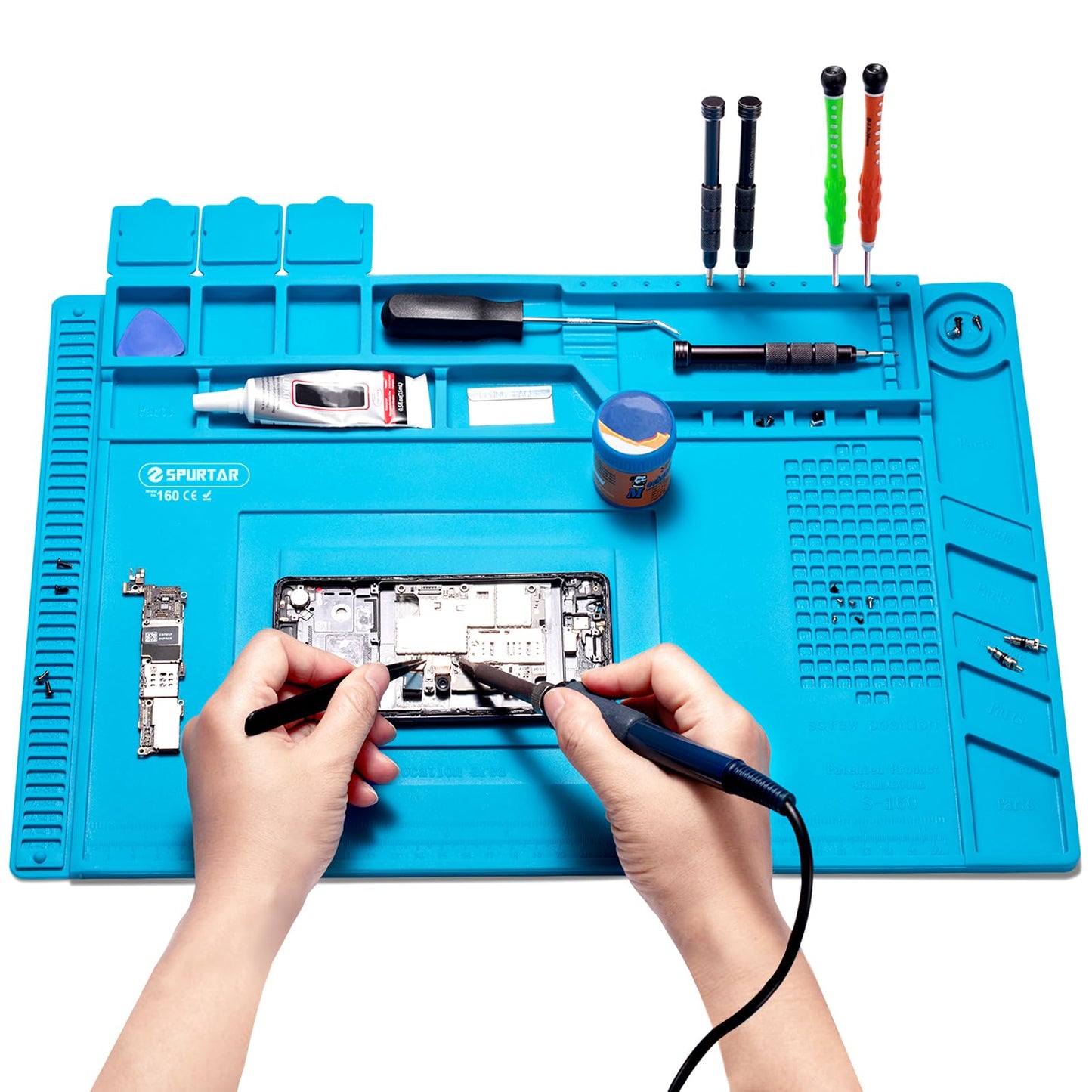 Spurtar Soldering Mat, Soldering Station 45 x 30 cm 500? Heat-Resistant Silicone Work Mat, Anti Static Magnetic Electronics Repair Silicone Pad for