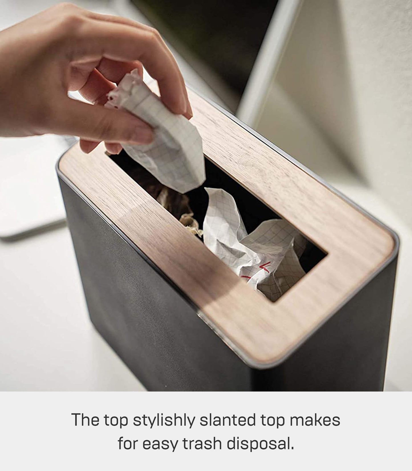 YAMAZAKI 5230 RIN Table Trash Can, black, ABS Resin/Wood, Minimalist, 22 x 9 x 15.5 cm