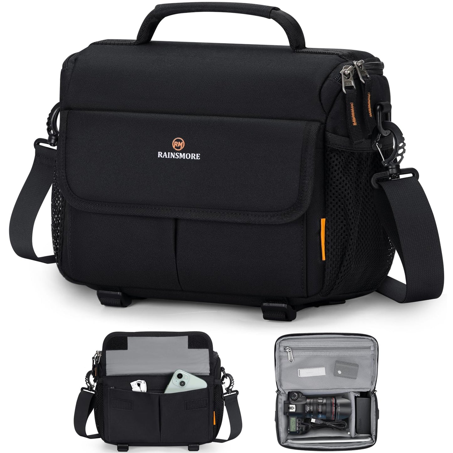 RAINSMORE Camera Sling Bag Water-Repellent Shockproof DSLR/SLR Small Camera Bag with Adjustable Strap Crossbody Camera Case for Women and Men, Black