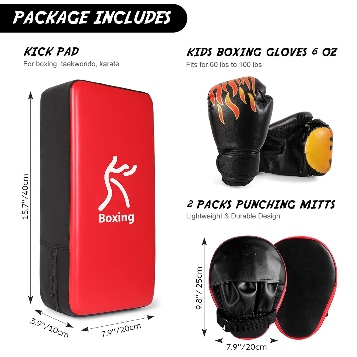 Odoland 3-in-1 Boxing Gloves Punching Mitts Kick Pad Pack Set for Kids, Boxing Mitts Focus Pads, Taekwondo Kick Pad, Kids Boxing Gloves for Boxing,