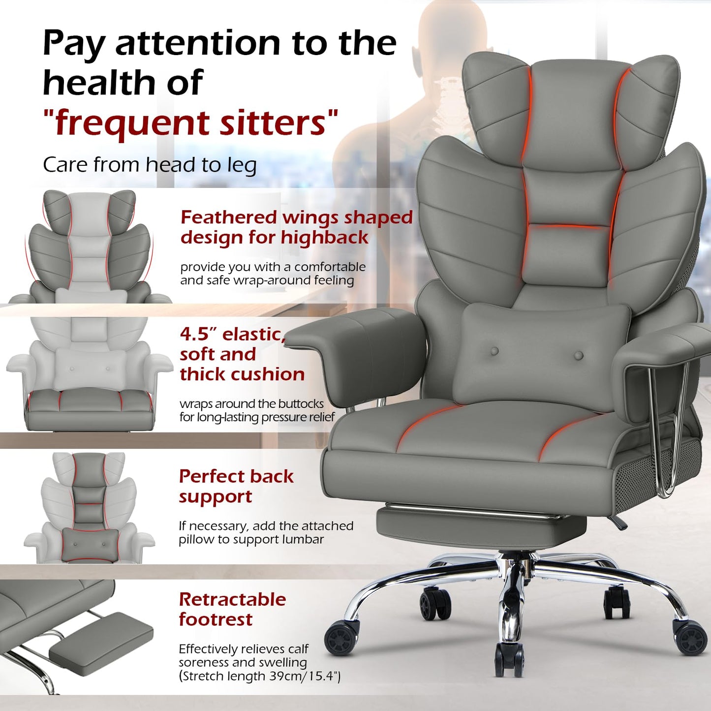 naspaluro High Back PU Leather Ergonomic Computer Recliner, Big Tall Executive Desk Office Chair with Armrests/Footrest