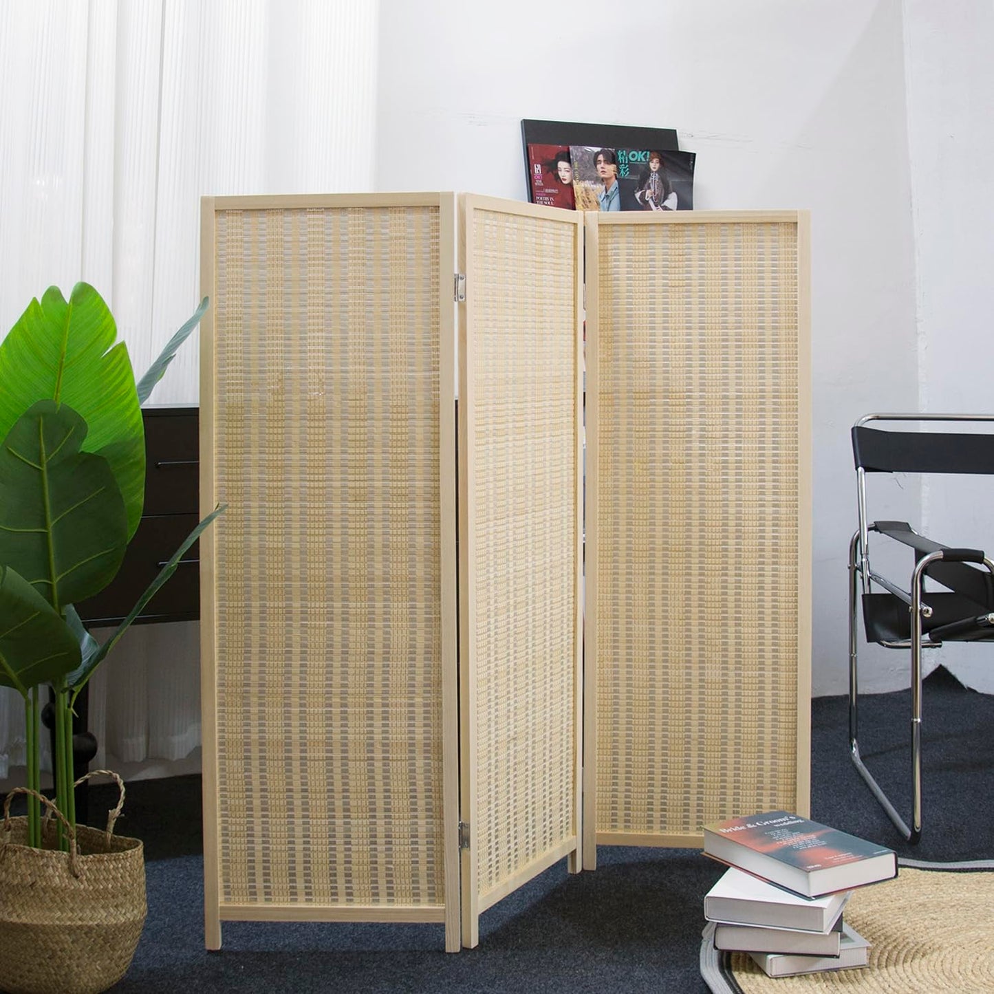Furnnylane 3 Panel Bamboo Room Divider Short Folding Screen Divider,Double Sided Bamboo Divider Screen for Room Separation,Beige,120 cm H x 117 cm W