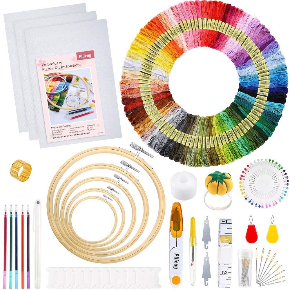 Pllieay Full Range of Embroidery Starter Kit with Instructions, 5 Pieces Bamboo Embroidery Hoops, 100 Colors Threads, 3 Pieces Aida Cloth and Cross