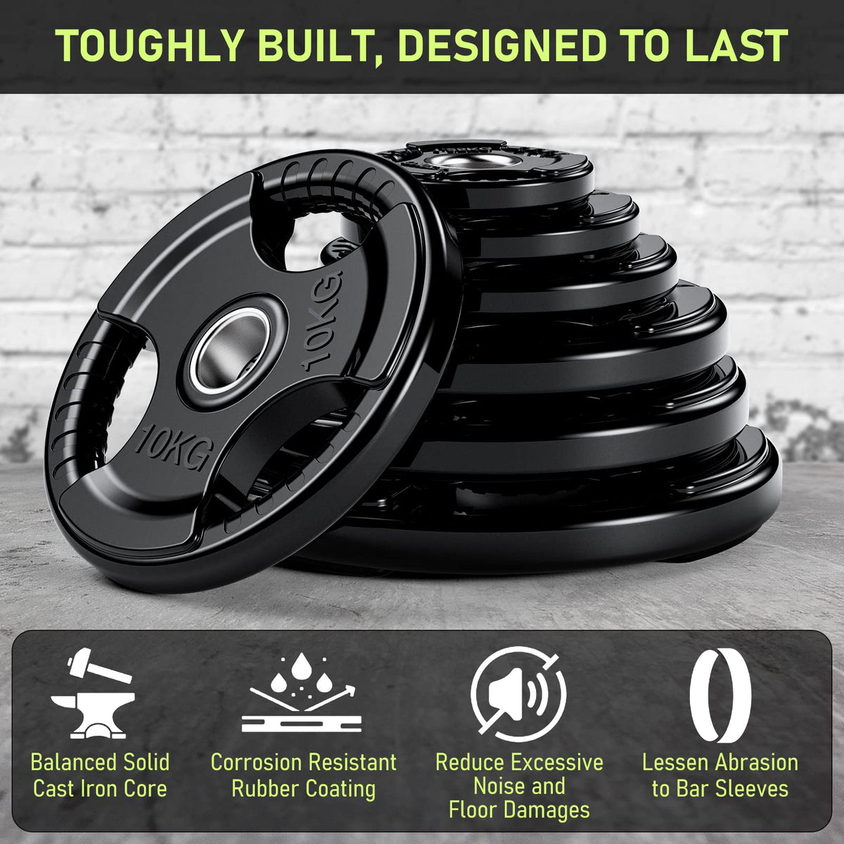 PhysKcal Olympic Weight Plates 1 x 15kg with Rubber Finish 2?? Opening and Tri-Grips, Black Barbell Plates Discs for Lifting and Strength Training,