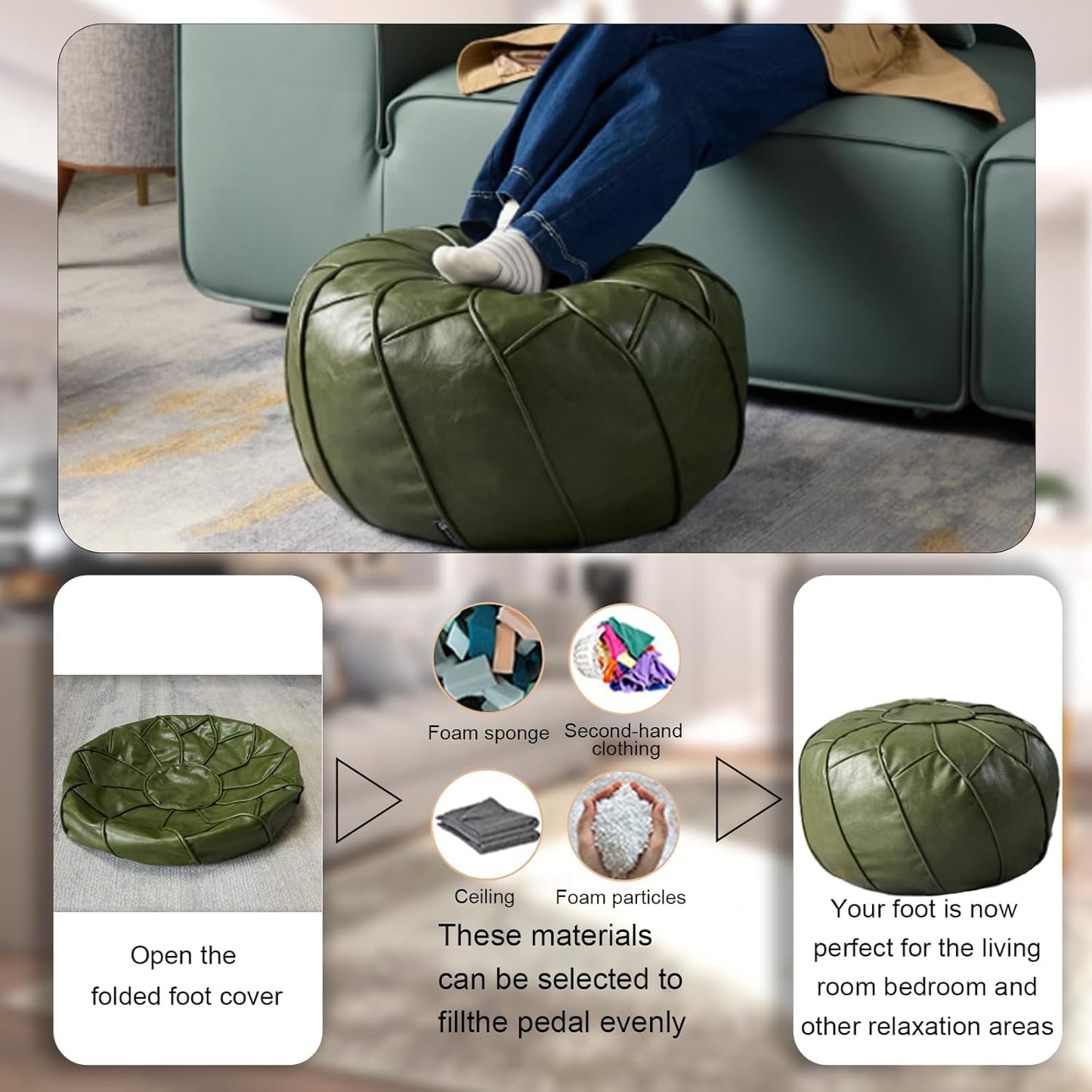 Louis Donné Premium Artisanal Leather Pouffe, Handmade Unstuffed Ottoman Round Pouf Cover, Footstool, Round Pouffe Foot Stool Floor Cushion… (lvse109)