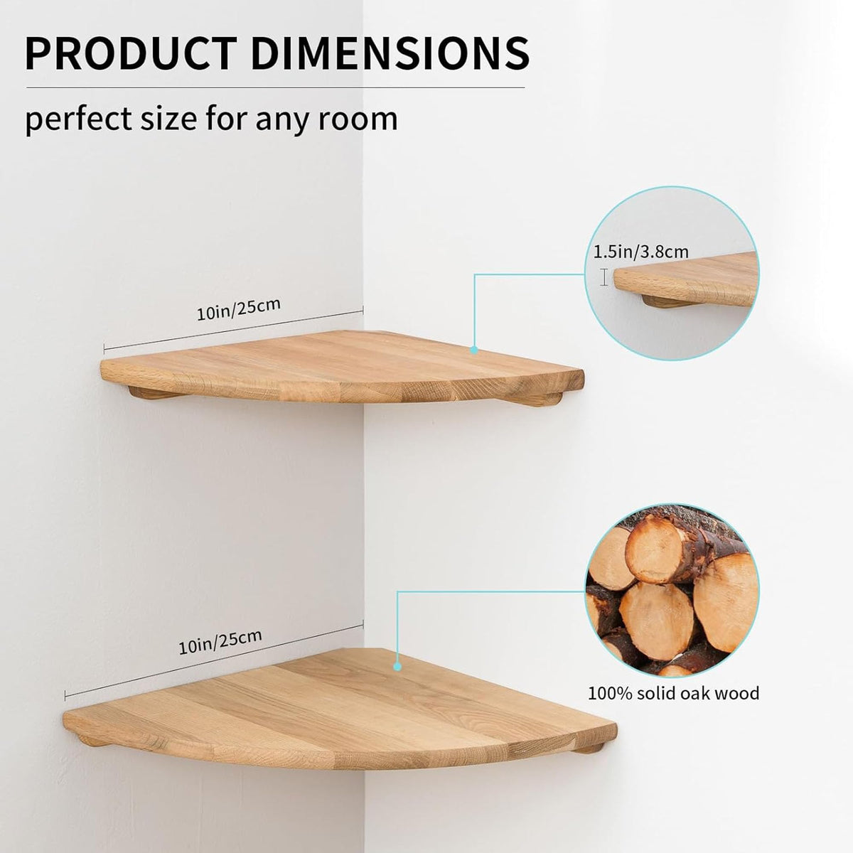 GIEANOO Corner Shelves, Solid Oak Wood Set of 2 Floating Corner Shelves Wall Mount Round End Floating Speaker Shelf With Wire Hole Shelf for Small