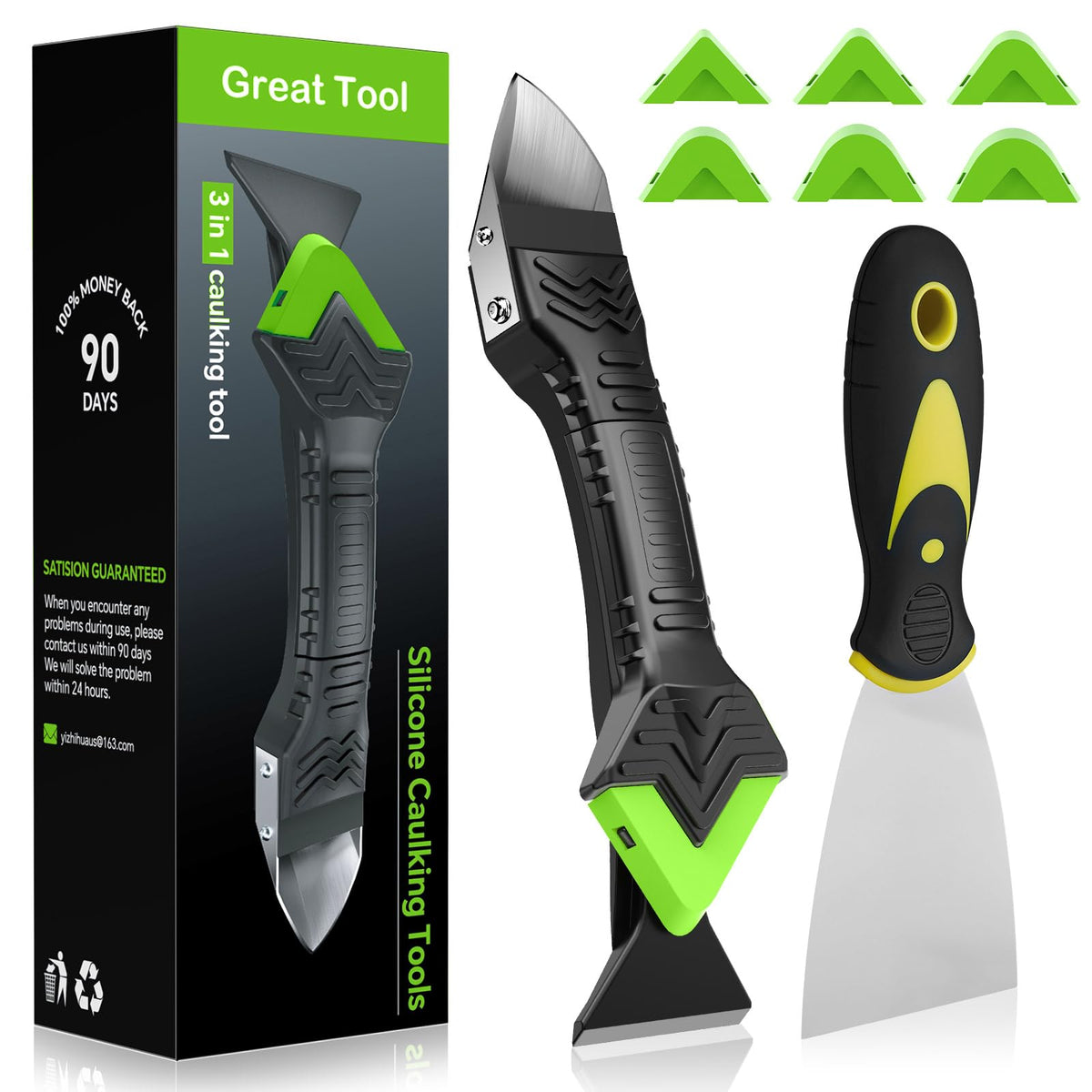 Caulking Tool Kit 3 in 1 with Wallpaper Paint Scraper, Caulk Remover and Silicone Sealant Remover Tool, Stainless Steel Glass Glue Corner Scrapers for