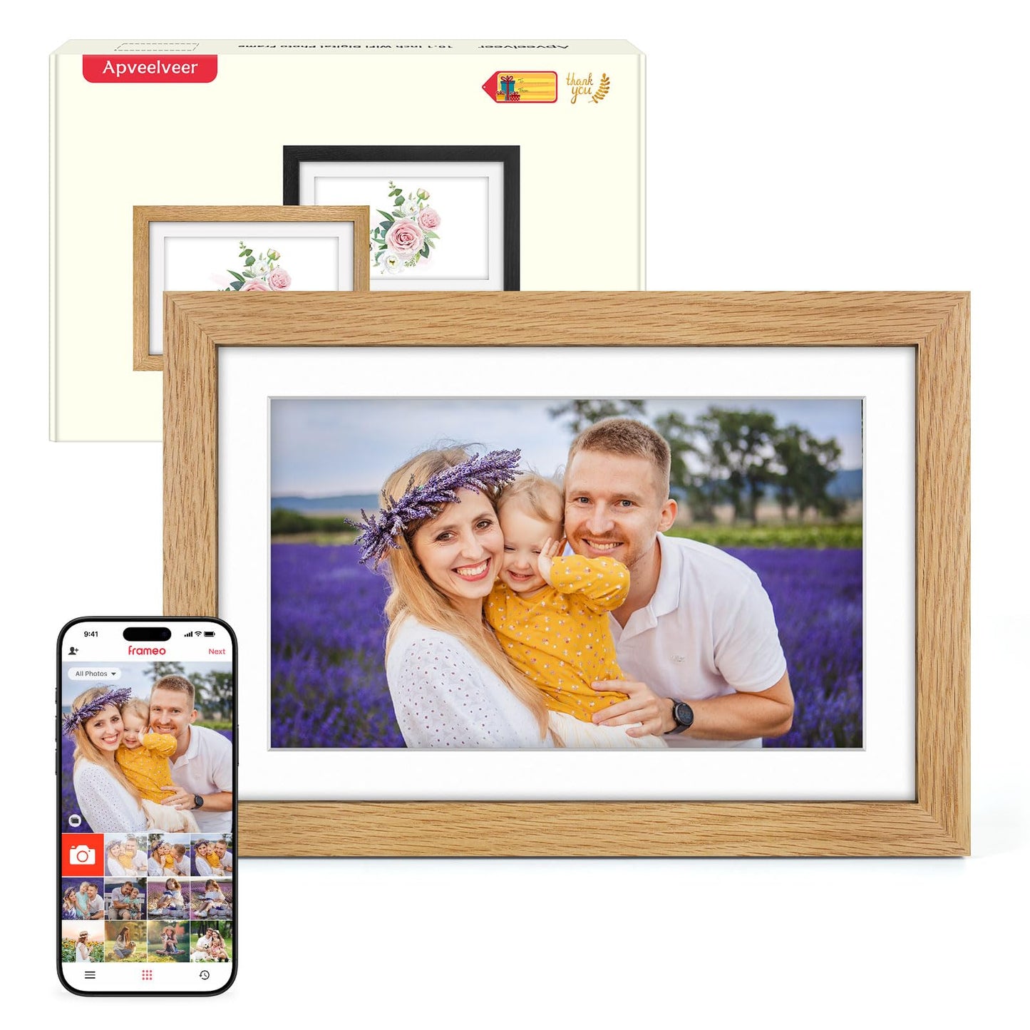 Digital Photo Frame WiFi Oak Wood Frame, Frameo Digital Picture Frame 10.1 Inch, 32GB Memory, 1280 * 800 HD IPS Touchscreen, Auto-Rotate, Share Photos