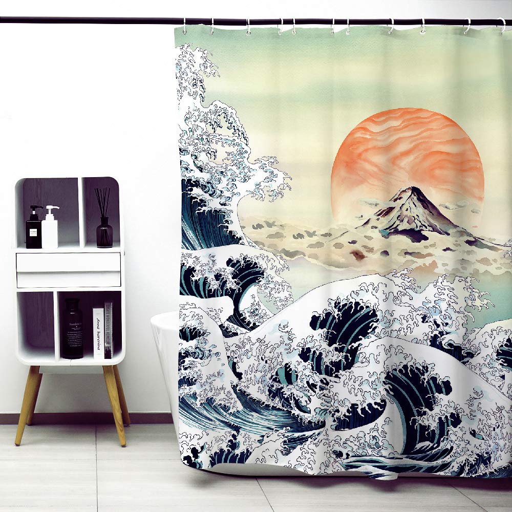 Obal Great Wave Off Kanagawa Shower Curtain, Ukiyo-E Japanese Style Bathroom Curtains Water Resistant Mould Free Polyester Heavy Weight Bath Accessory