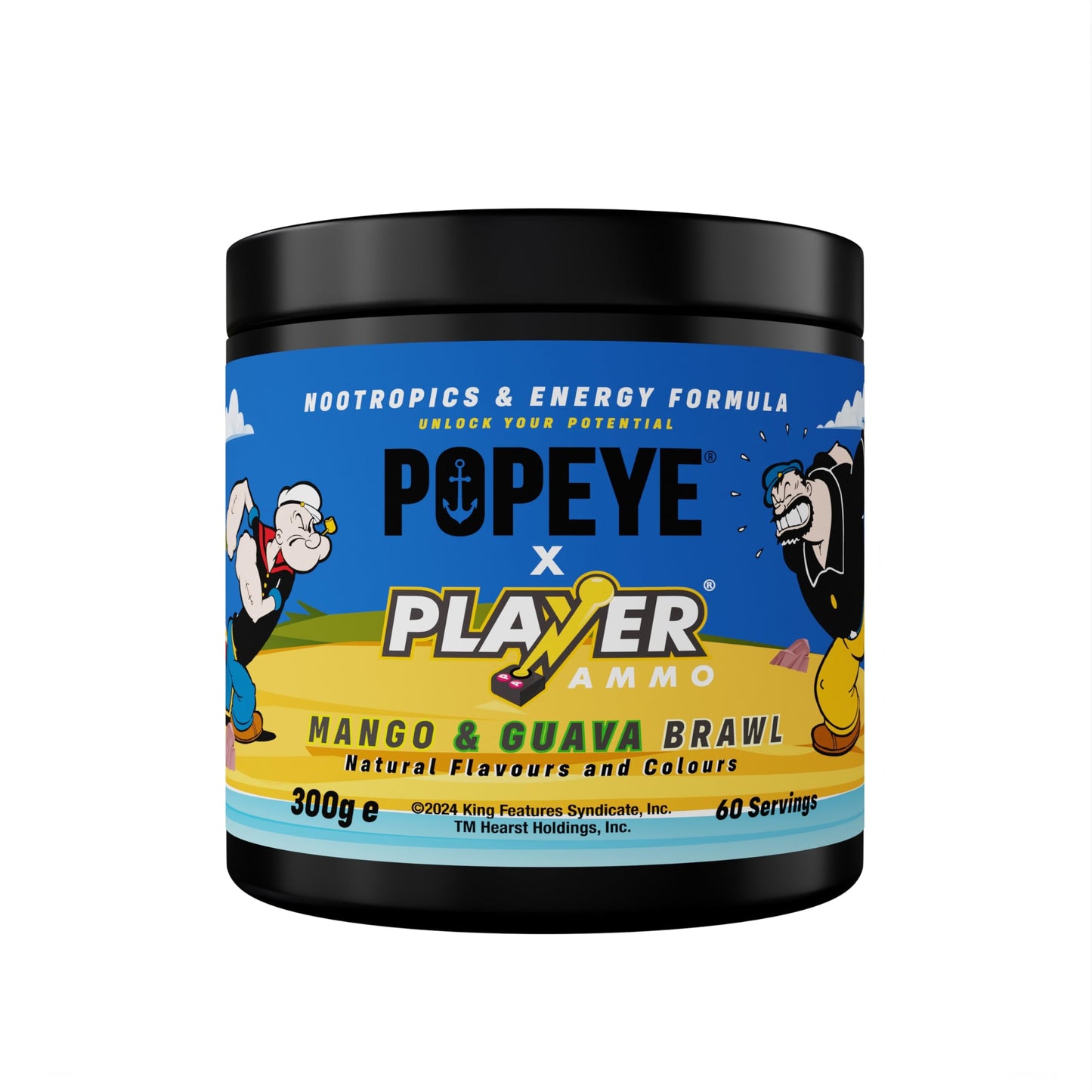 PLAYER AMMO X POPEYE | Mango and Guava Energy Powder | Boost Focus Nootropics & Performance ? Sugar Free Energy Supplement | 60 Servings