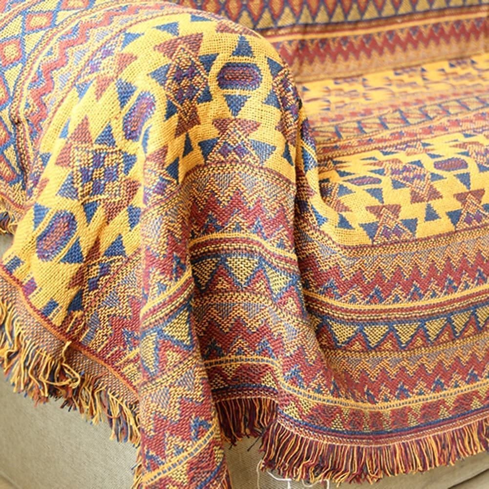 VANJOROY Bohemian Sofa Large Throw Blanket with Tassels, 100% Handwoven Cotton Knitted Armchair Throw for Seater,Settees,Couch and Bed (230x340cm/91 *