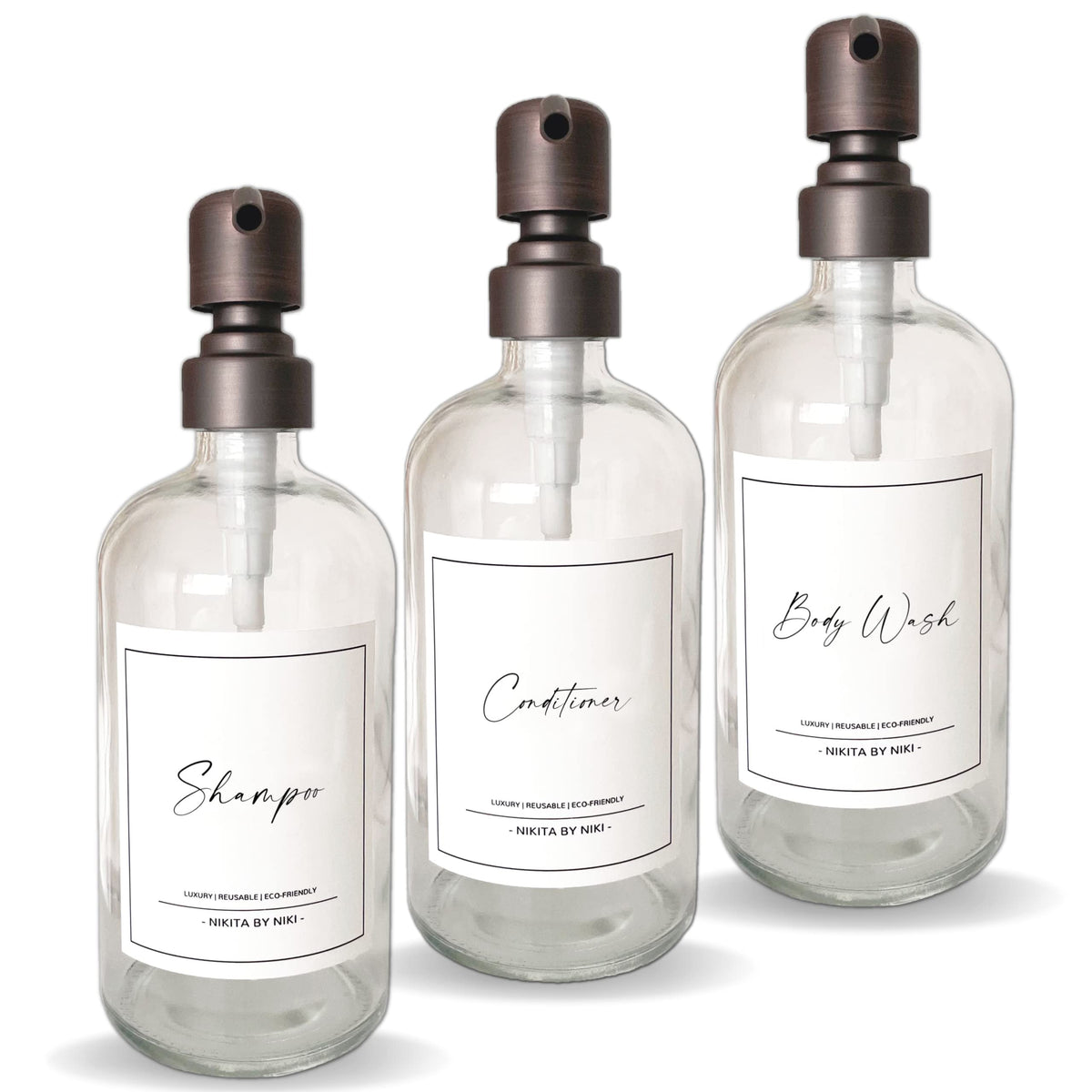 Clear Glass Soap Dispenser Set - Stainless Steel Pump - Bathroom Soap Dispenser Set - Glass Soap Dispenser Set of 3 - Glass Shampoo, Conditioner, Body