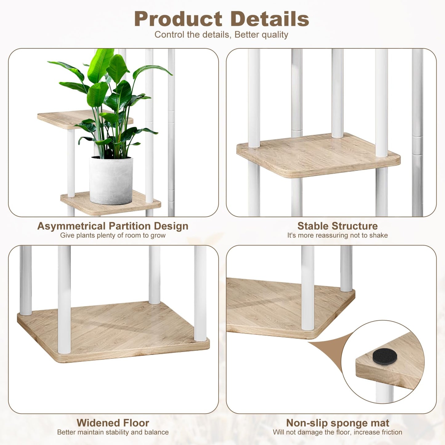 VASZOLA 5 Tier Wood Tall Plant Stand Metal Rack, Multiple Flower Pot Holder Shelves Corner Rack, Planter Shelf Display Rack Storage Organizer for