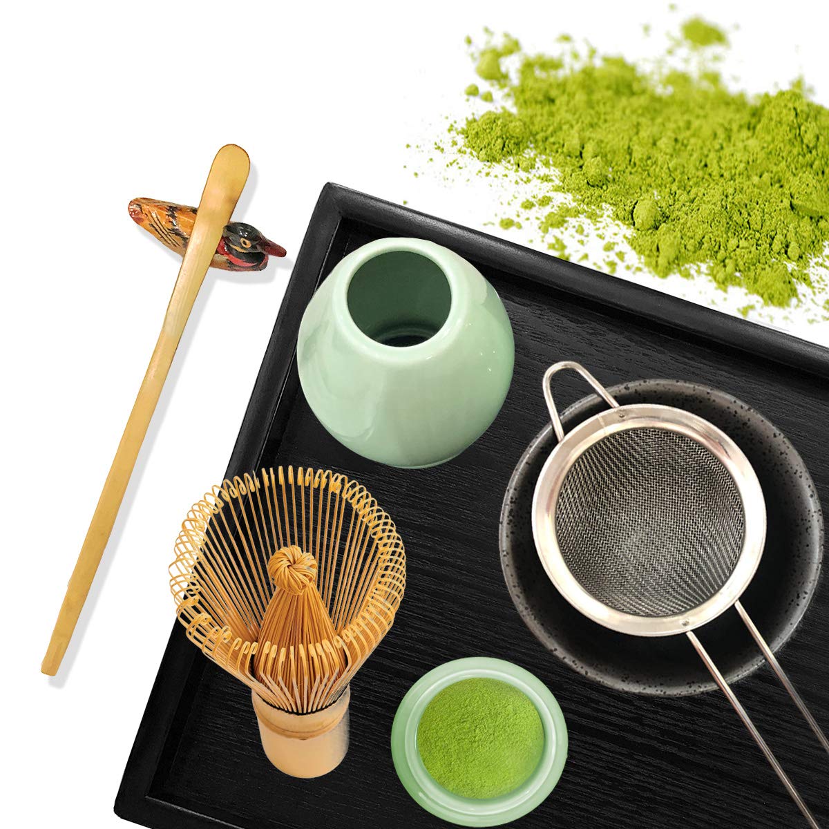 Artcome Japanese Matcha Tea Set, Matcha Whisk, Traditional Spoon, Matcha Bowl, Black Bamboo Tray, Ceramic Whisk Holder, Matcha Box, Handmade Matcha
