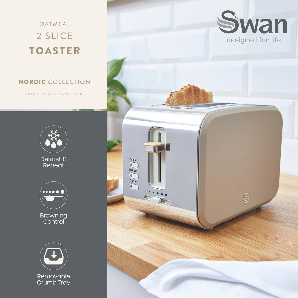 Swan ST14610OAT Nordic 2 Slice Toaster with 6 Browning Levels, Defrost/Reheat/Cancel, Removable Crumb Tray, Cord Storage, 900W, Oatmeal