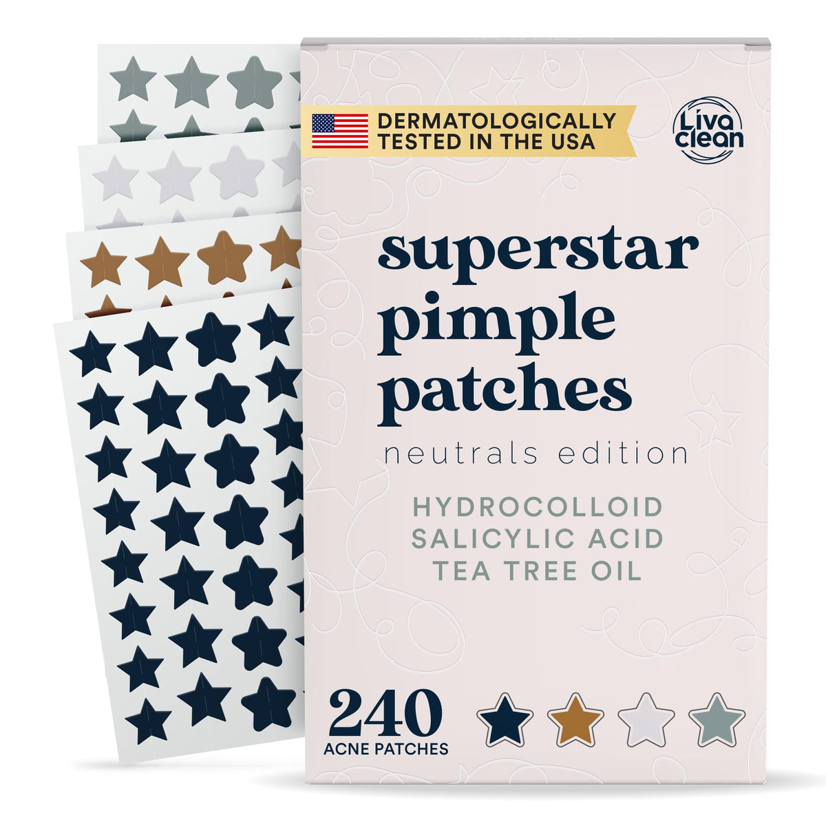 LivaClean 240 CT Neutrals Pimple Patches for Face w/Tea Tree, Hydrocolloid Acne Patches Cute Star Pimple Patch for Healing, Cute Face Stickers, Zit