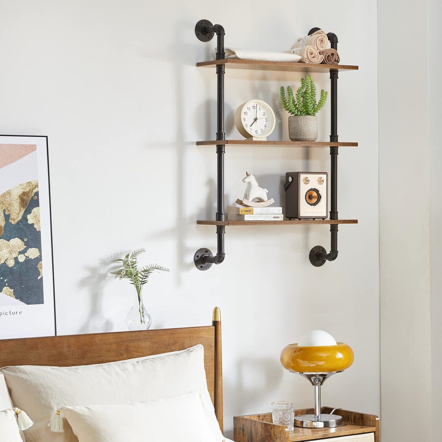 YMYNY 3-Tier Industrial Pipe Wall Mount Shelves, Rustic Storage Shelves, Floating Shelves, Wall Mount Bookshelf, Kitchen Spice Rack, for Bedroom,